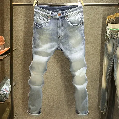 水洗磨白男士牛仔裤弹力修身小脚裤时尚百搭潮流刺绣韩版裤子潮男图片