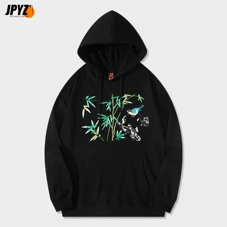 国潮连帽卫衣男2022新款秋冬季竹间喜鹊刺绣帽衫套头上衣宽松外套商品大图