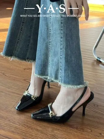 高跟鞋女2024年夏季新款方头细跟黑色漆皮设计感小众法式网红单鞋商品大图