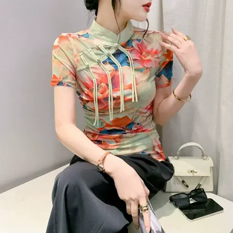 国风复古女装立领盘扣T恤女短袖洋气别致网纱上衣减龄印花打底衫商品大图