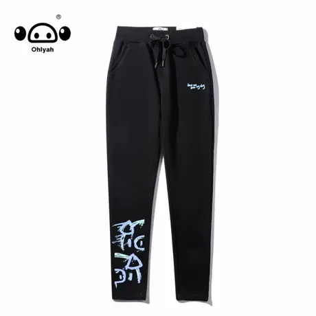 2023年春秋男女同款潮牌小猪印花黑色裤子宽松直筒运动抽绳卫裤商品大图