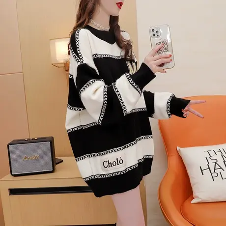 宽松慵懒风条纹毛衣女2023新款秋冬爆款洋气减龄复古港味加厚上衣图片