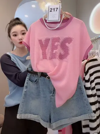 欧洲站竹节麻针织女短袖2023新款时尚字母提花设计感洋气百搭上衣商品大图