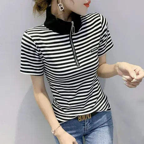 女装2023新款潮时尚拉链立领T恤女短袖夏修身显瘦上衣条纹体恤衫商品大图