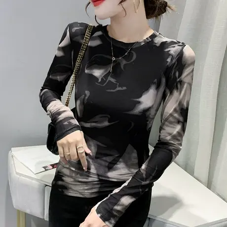 欧货扎染网纱T恤女长袖2023秋装新款气质圆领上衣加绒内搭打底衫图片