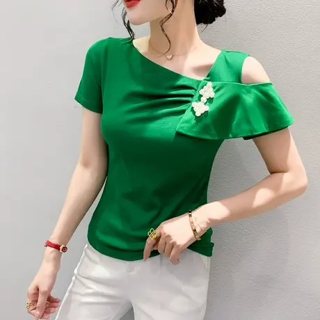 2023夏装新款性感露肩锁骨T恤女短袖设计感荷叶边上衣洋气质小衫商品大图