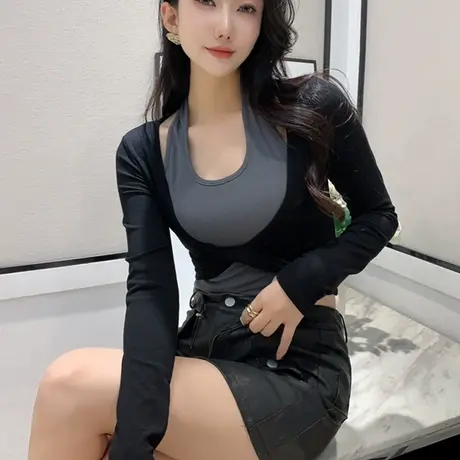 设计感假两件上衣女长袖欧货时尚挂脖撞色T恤修身气质内搭打底衫商品大图