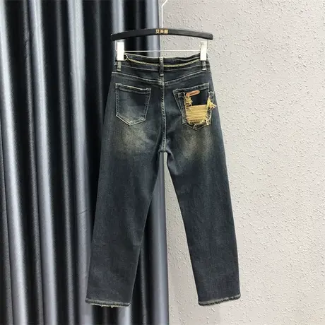 欧货破洞口袋牛仔直筒裤女2023秋季新款高腰显瘦减龄九分烟管裤潮图片