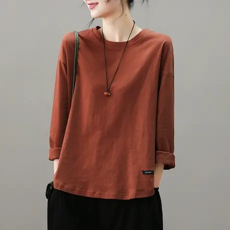 dza纯色全棉圆领打底衫女士2023春季新款宽松t恤内搭休闲长袖上衣商品大图