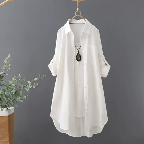 2023秋装新款中长款文艺纯色长袖衬衫女宽松外套衬衣百搭开衫上衣图片