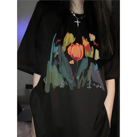 白色短袖t恤女2023年新款夏季设计感休闲印花体恤纯棉辣妹上衣ins图片