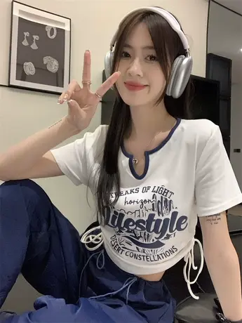 抽绳短款t恤女纯棉短袖2023夏季新款设计感高腰显瘦正肩v领上衣潮商品大图