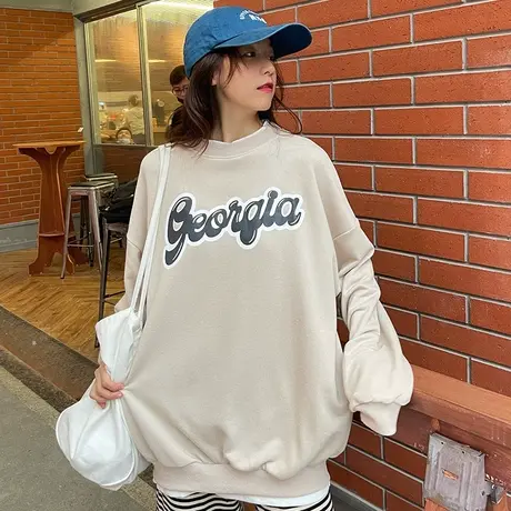 vintage卫衣女2021宽松韩版潮ins假两件上衣春秋薄款oversize外套商品大图