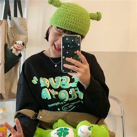 红续2023秋装新款韩版ins百搭宽松bf学院风卡通长袖卫衣T恤女上衣图片