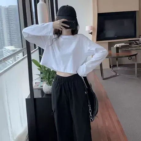 长恤女装春秋宽松短款性感辣妹韩版圆领修身长袖内搭打底衫上衣潮商品大图