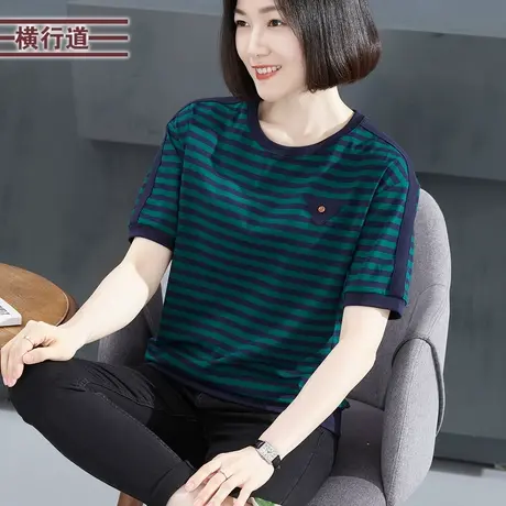 短袖t恤女夏季2023新款圆领条纹 宽松大码女半袖夏装上衣外穿体恤商品大图