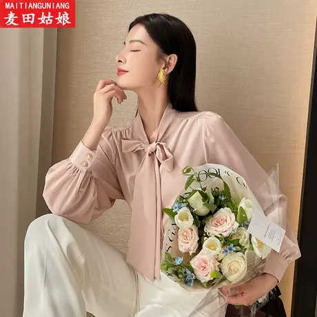 早秋季2023年新款女纯色百搭蝴蝶结飘带衬衫上衣高级设计感小众潮图片