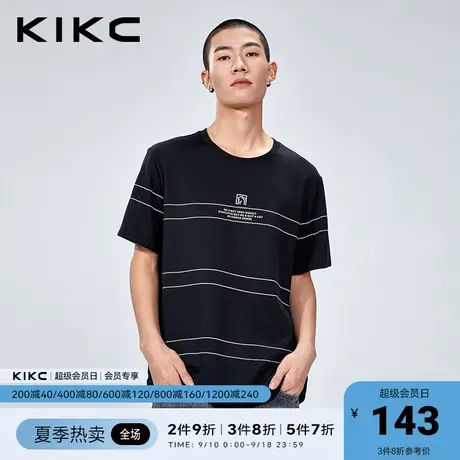 kikc短袖t恤男2023春夏新款商场同款字母印花休闲圆领条纹体恤潮图片