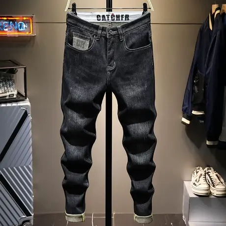 春季黑色简约潮牌牛仔裤男直筒修身小脚显瘦高档休闲裤子男弹力潮商品大图