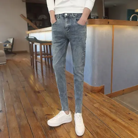 2023春季新款个性口袋破洞小脚裤潮牌个性铅笔裤百搭纯蓝牛仔长裤图片