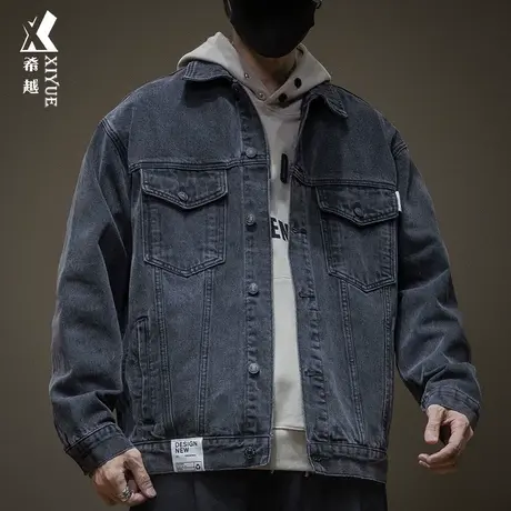 秋冬新款男士牛仔外套大码胖子高级感潮牌黑灰色加绒加厚牛仔衣男商品大图