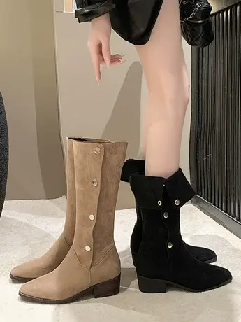 西部堆堆靴2023秋季中筒粗跟方头褶皱牛仔靴不过膝长筒靴女骑士靴商品大图