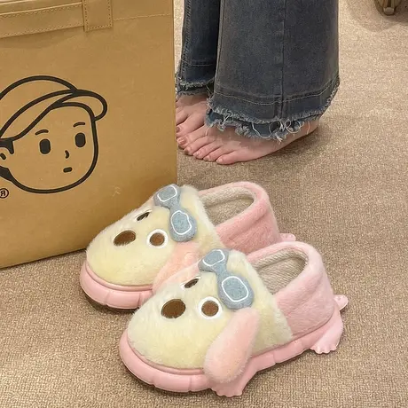 冬季棉拖鞋女外穿可爱眼镜狗毛绒保暖月子鞋居家防滑厚底包跟棉鞋商品大图