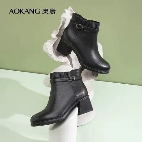 【门店发货】奥康女鞋 2022冬季新款加绒保暖时尚高跟短靴子图片