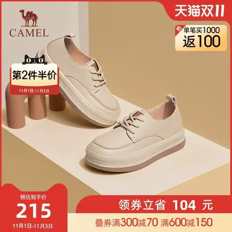 骆驼女鞋2023秋季新款英伦风小皮鞋女系带深口高跟粗跟单鞋女图片