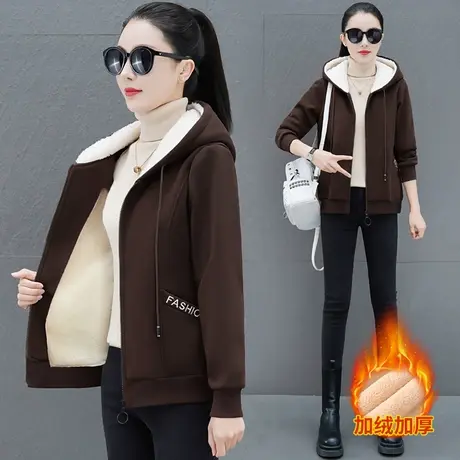 加厚加绒休闲外套女士秋冬装时尚洋气中年妈妈连帽羊羔绒卫衣显瘦图片