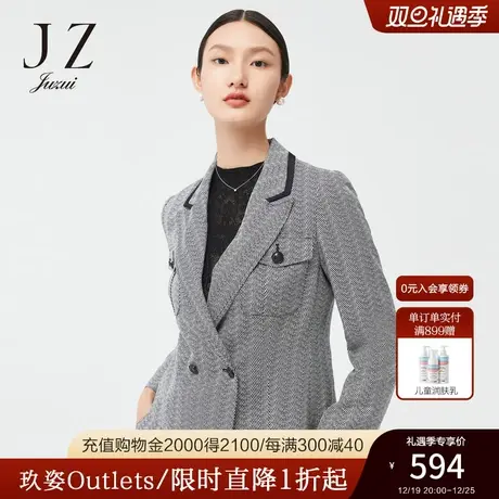 JZ玖姿气质收腰显瘦复古通勤风春季新款女人字纹西装商品大图