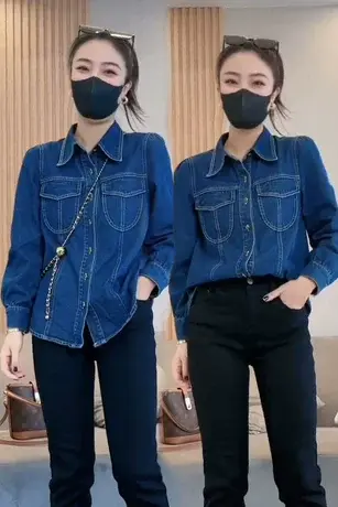 欧货春季新款设计感小众时尚洋气别致百搭减龄polo领牛仔衬衫上衣图片