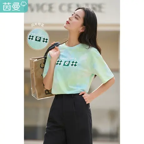 茵曼扎染闪片印花T恤女士2022夏季新款休闲圆领套头宽松显瘦上衣商品大图