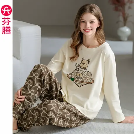 芬腾睡衣女士纯棉春秋季长袖圆领套装新款宽松休闲全棉大码家居服商品大图