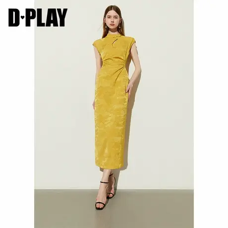 DPLAY夏季新款新中式黄色印花连衣裙国风旗袍连衣裙长裙女图片