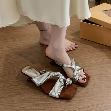 法式粗跟凉拖鞋女2025夏季新款时尚百搭气质外穿拖鞋海边绝美凉鞋商品大图