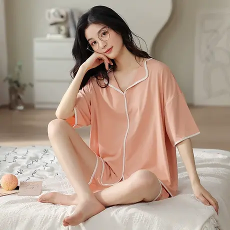 带胸垫一体莫代尔睡衣女夏季新款大码短袖女士家居服套装可外穿商品大图