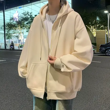 连帽卫衣男秋冬款纯色宽松大码外套潮流拉链开衫港风复古休闲衣服商品大图