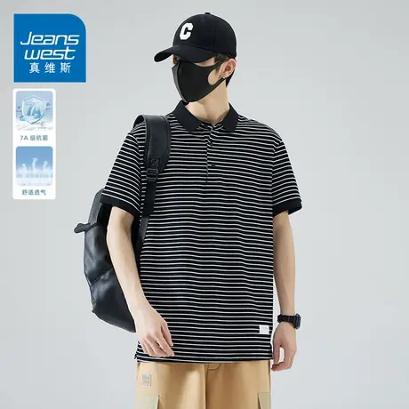 KZH真维斯条纹翻领polo衫男夏季薄款宽松时尚上衣潮流休闲短袖T恤图片