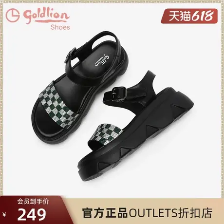 金利来黑色增高一字带凉鞋女夏季女鞋棋盘格厚底运动沙滩鞋ins潮图片