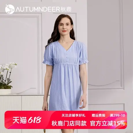 秋鹿梭织纯棉睡裙女夏季简约纯色荷叶边短袖V领连衣裙女款中长款商品大图