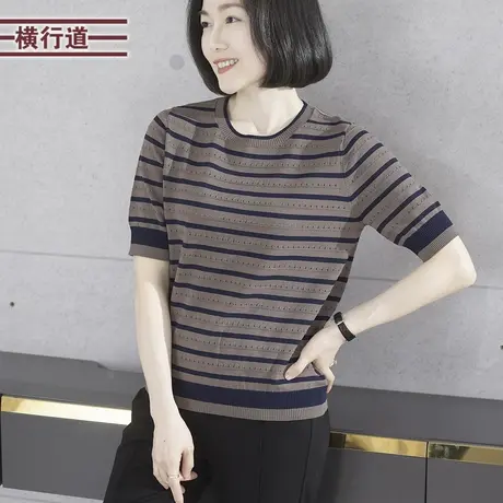 2023新款夏装圆领条纹宽松短袖针织衫女装镂空洋气大码妈妈上衣服图片