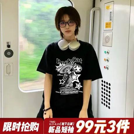 无性别穿搭黑色短袖t恤女2025夏季新款宽松显瘦纯棉重磅半袖上衣图片
