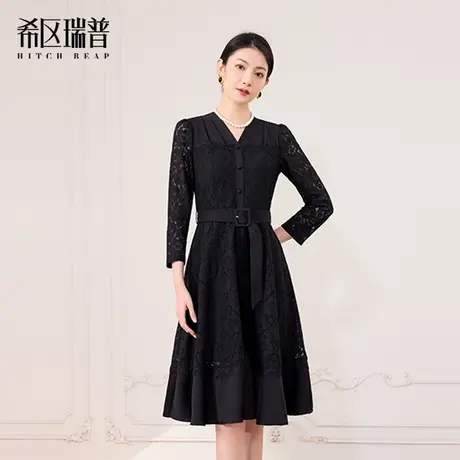 【希区瑞普】新品高端打底拼接蕾丝假两件A字大摆浪漫黑色连衣裙商品大图