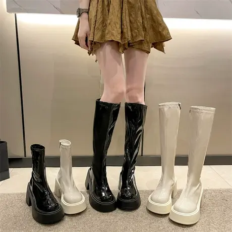 永希长筒靴女2023春秋季新款英伦风时尚瘦瘦靴粗跟高跟洋气骑士靴商品大图