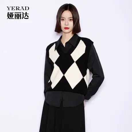 【商场同款】娅丽达棋盘格针织马甲女春秋新款复古背心外搭马夹商品大图