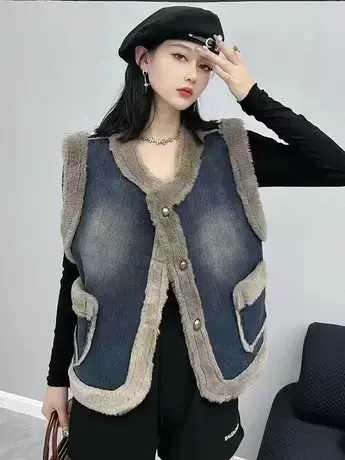 小香风拼接毛毛牛仔马甲女韩系宽松百搭仿兔毛加绒无袖美拉德外套图片