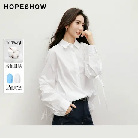 红袖2025秋季新款女装 100棉抽皱系带单排扣落肩长袖一手长衬衫商品大图