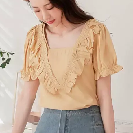 桔熊夏季韩版通勤凉爽小衫纯色气质荷叶V领短袖上衣女大码AB15854商品大图