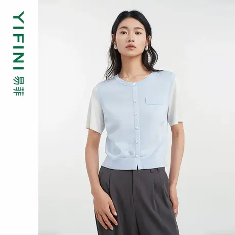 [专柜同款]Yifini/易菲三醋酸假开襟拼接休闲百搭针织衫D04M1418商品大图